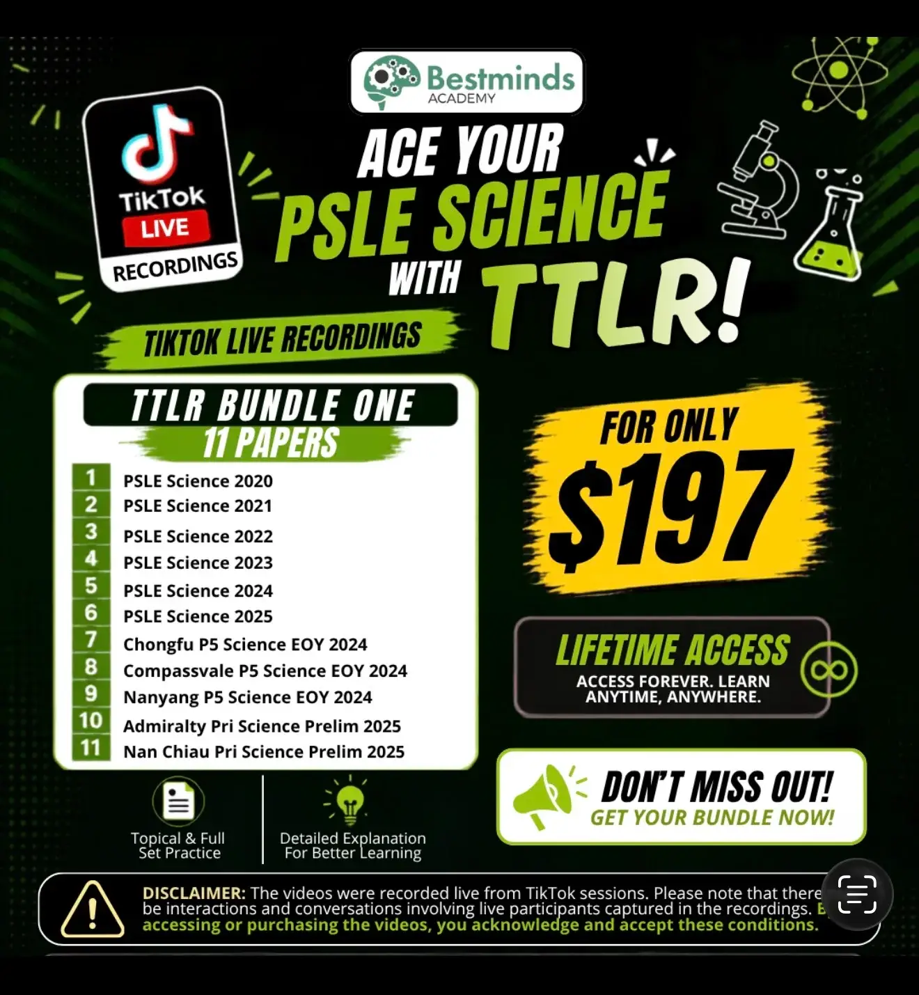 Bestminds Academy TikTok Live Recordings bundle with PSLE Science practice papers, answer keys and video walkthroughs