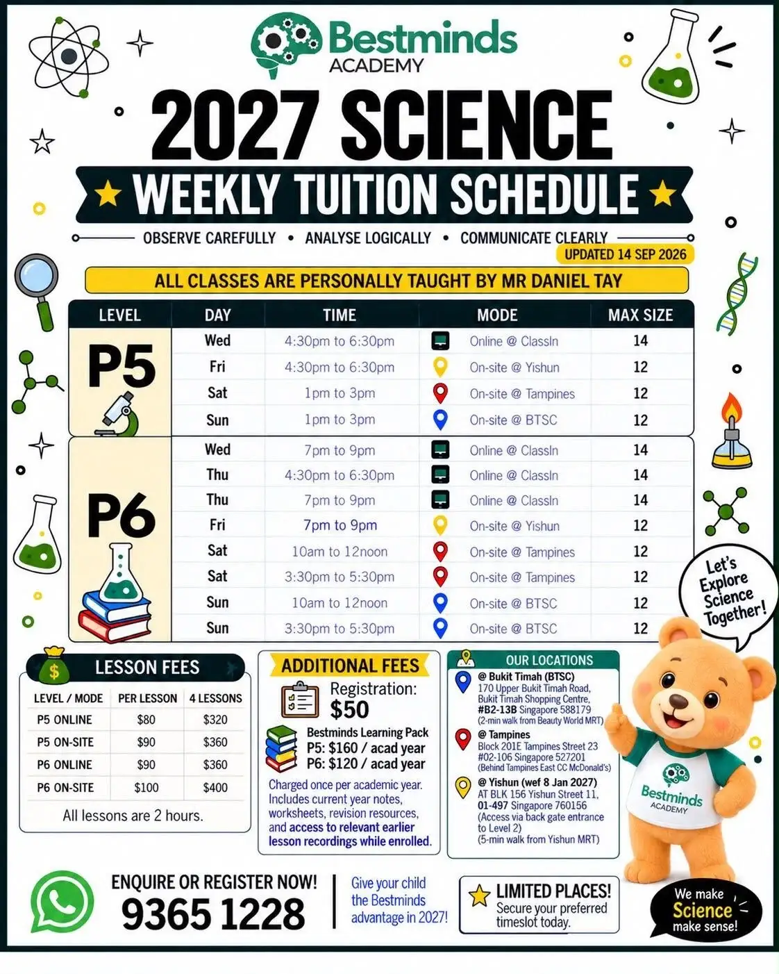 Bestminds Academy 2027 weekly Science tuition schedule for Primary 5 and Primary 6