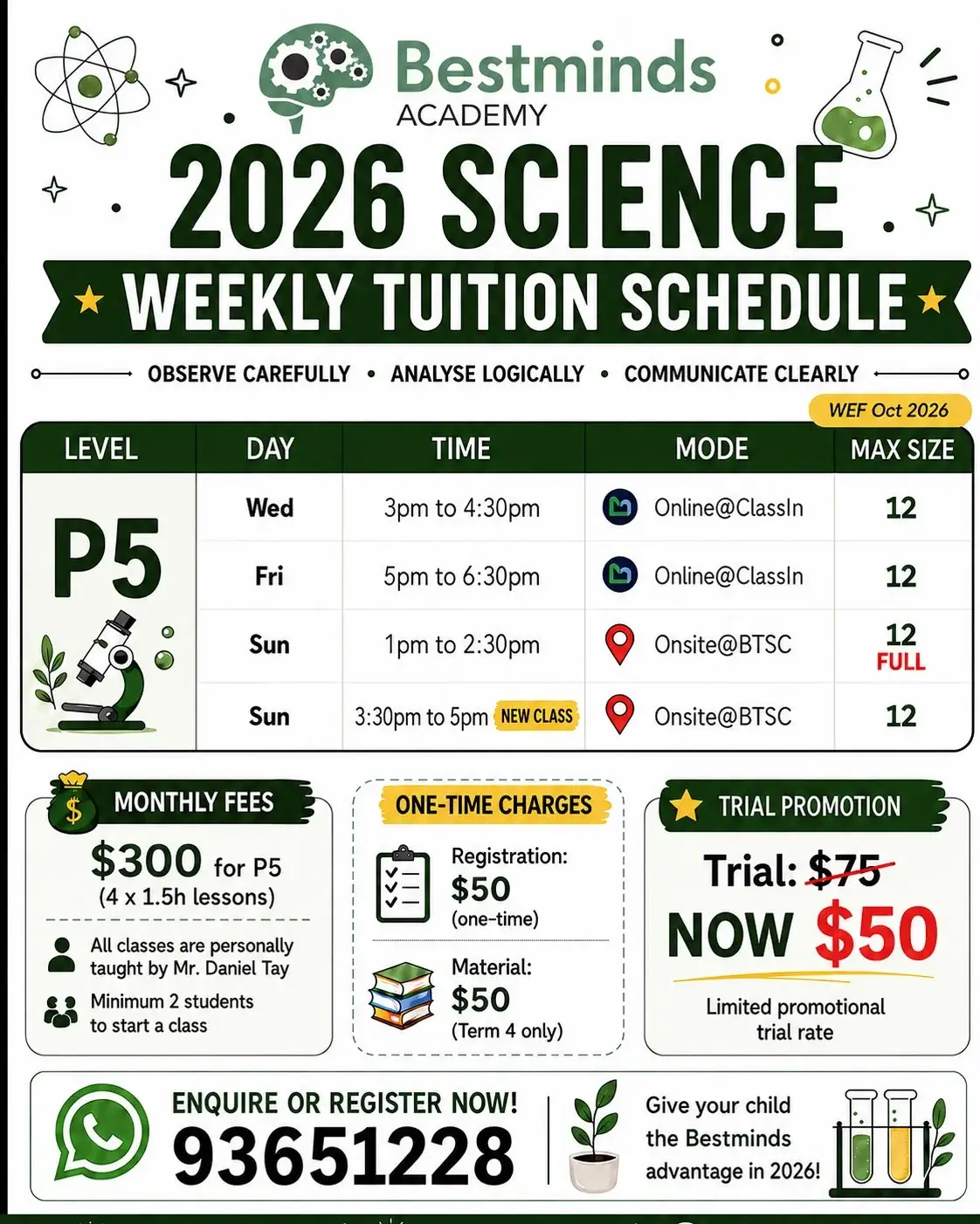 Bestminds Academy 2026 Primary 5 Science weekly tuition schedule, lesson times, fees and class sizes